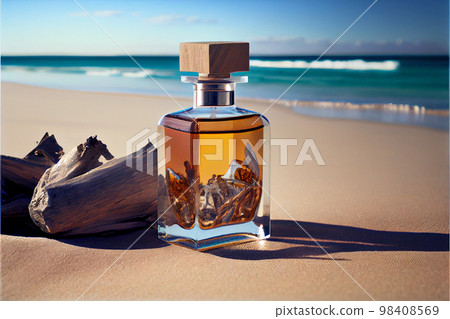 transparent spray bottle of perfume close up backdrop of sea in sun. Presentation of unisex perfumes in sea environment. transparent spray bottle of perfume close up backdrop of sea in sun. Presentation of unisex perfumes in sea environment. 98408569
