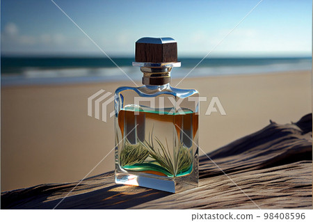 transparent spray bottle of perfume close up backdrop of sea in sun. Presentation of unisex perfumes in sea environment. 98408596