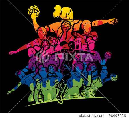 Handball Sport Female Players Mix Action Cartoon Graphic Vector 98408638