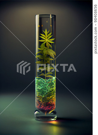 Cannabis leaf and bush in vitro. Cannabis cultivation concept for oil, medical purposes. 98408656