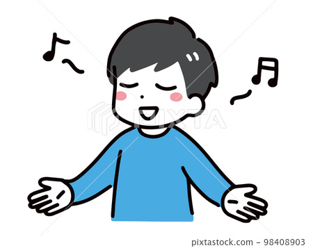 A young man (upper body only) in casual clothes, smiling and singing with his eyes closed, looking very happy. 98408903