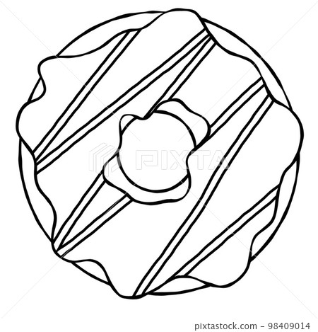 Donut with glaze. Sweet sugar dessert with icing. Outline cartoon illustration Donut with glaze. Sweet sugar dessert with icing. Outline cartoon illustration 98409014