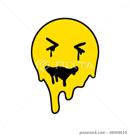 Acid smile face. Psychedelic symbol of rave and techno. Funny sticker for crazy print. 98409019