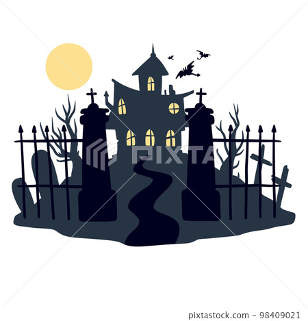 Halloween haunted house. Scary dark silhouette of home or mansion. Cartoon Vector spooky Illustration. Gothic cute town 98409021
