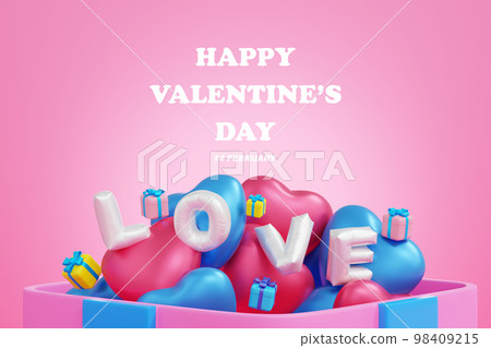 Happy valentine's day greeting card banner with heart shape gift box balloon, 3D rendering. 98409215