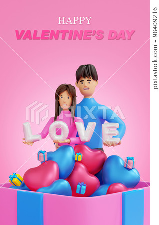Happy valentine's day greeting card, love couple with heart shape gift box balloon, 3D rendering. 98409216