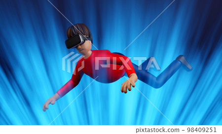 Man enjoy virtual reality with VR glasses and levitation in air, technology and gamming, 3D render 98409251