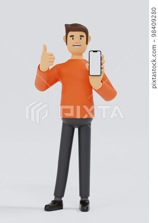 Cartoon character man in orange t-shirt show smartphone, thump up, app presentation, 3D rendering. 98409280