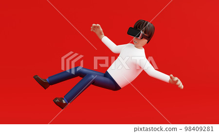 Man enjoy virtual reality with VR glasses and levitation in air, cinema and gamming, 3D render Man enjoy virtual reality with VR glasses and levitation in air, cinema and gamming, 3D render 98409281
