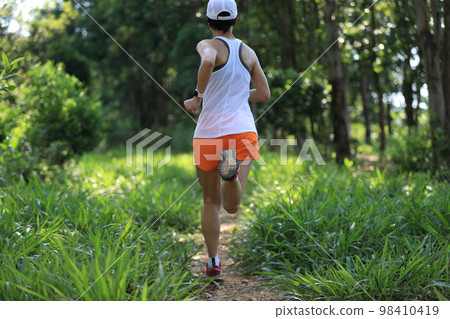 Trail runner running in summer forest trail Trail runner running in summer forest trail 98410419