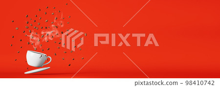 Floating porcelain coffee cup flying beans explosion 3D rendering. Hot fresh brewed espresso drink advertising template. 98410742