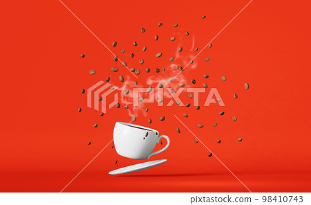 Floating porcelain coffee cup flying beans explosion 3D rendering. Hot fresh brewed espresso drink advertising template. Floating porcelain coffee cup flying beans explosion 3D rendering. Hot fresh brewed espresso drink advertising template. 98410743