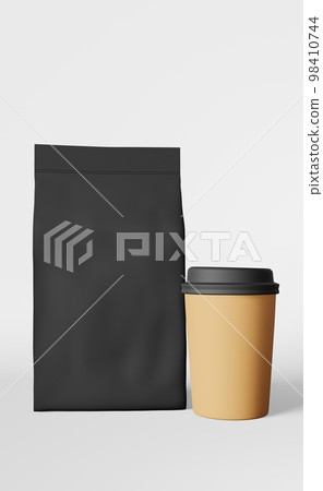 Black pouch bag paper cup mockup 3D rendering. Coffee beans tea shop discount demonstration Take away food pack template 98410744