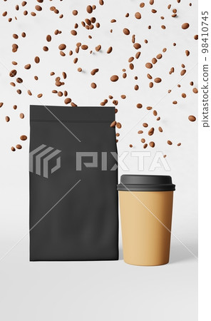 Paper coffee cup pouch bag falling beans 3D rendering . Coffee shop discount demonstration delivery sale banner design. 98410745