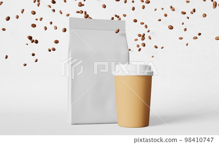White pouch bag paper coffee cup flying beans 3D rendering. Coffee shop discount demonstration Take away food delivery. 98410747