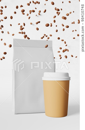 White pouch bag paper coffee cup flying beans 3D rendering. Coffee shop discount demonstration Take away food delivery. 98410748