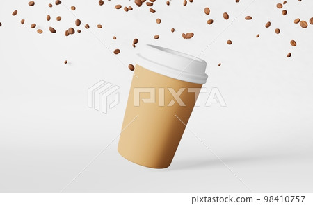 Paper coffee cup white lid falling beans 3D rendering. Coffee shop discount demonstration delivery Hot drink sale banner 98410757