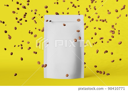 White matte pouch bags falling coffee beans yellow 3D rendering. Merchandise discount packaging shop design promo sale. 98410771