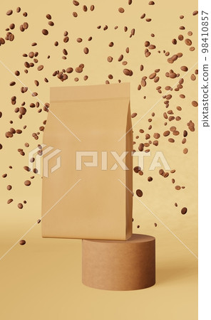 Brown paper pouch bags falling coffee beans podium 3D rendering. Merchandise discount packaging shop design promo sale. Brown paper pouch bags falling coffee beans podium 3D rendering. Merchandise discount packaging shop design promo sale. 98410857