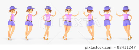 Girl character in different angles view 3d render. Rotation animation set of cartoon woman personage standing leaning hand on wall with short hair, wearing colorful summer clothing Girl character in different angles view 3d render. Rotation animation set of cartoon woman personage standing leaning hand on wall with short hair, wearing colorful summer clothing 98411247