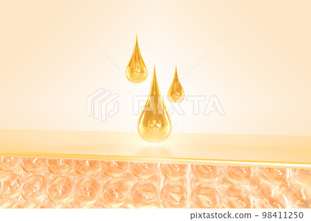 Gold drops of oil, serum or liquid vitamin falling on cell structure of skin, mockup banner 3d render. Cosmetic product and anatomical layer of skin epidermis, dermis and fatty tissue Gold drops of oil, serum or liquid vitamin falling on cell structure of skin, mockup banner 3d render. Cosmetic product and anatomical layer of skin epidermis, dermis and fatty tissue 98411250
