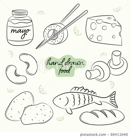 a set of hand drawn vegetables, fish and grocery foods 98411640