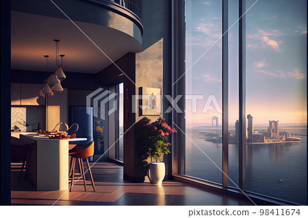 Empty loft style room with concrete floor and city view Empty loft style room with concrete floor and city view 98411674