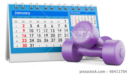 Neoprene dumbbells with desk calendar, 3D rendering 98411784