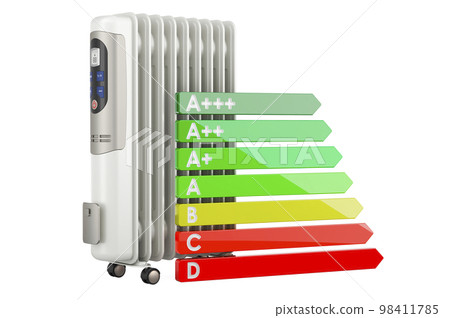 Oil heater with energy efficiency chart, 3D rendering Oil heater with energy efficiency chart, 3D rendering 98411785