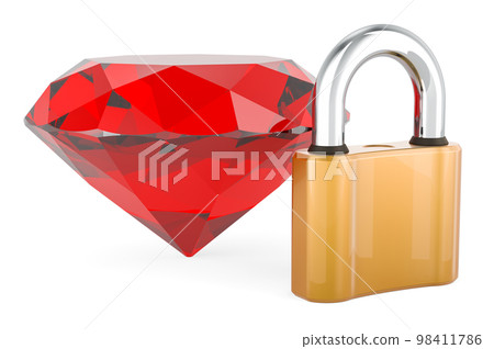 Red gem with padlock, 3D rendering 98411786