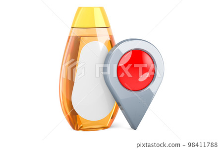 Shampoo bottle with map pointer. 3D rendering Shampoo bottle with map pointer. 3D rendering 98411788