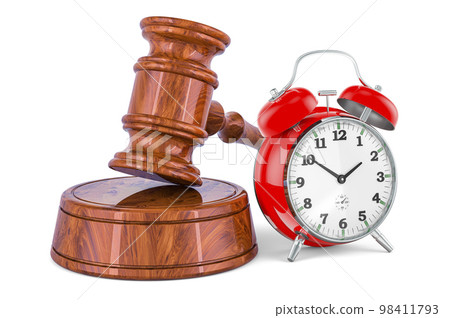 Wooden Gavel with alarm clock. 3D rendering Wooden Gavel with alarm clock. 3D rendering 98411793