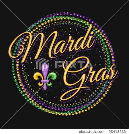 Round carnival Mardi Gras pattern with intertwined strands of beads, fleur de lis symbol, text. For prints, clothing, plate, apparel, t shirt, surface design Round carnival Mardi Gras pattern with intertwined strands of beads, fleur de lis symbol, text. For prints, clothing, plate, apparel, t shirt, surface design 98412883
