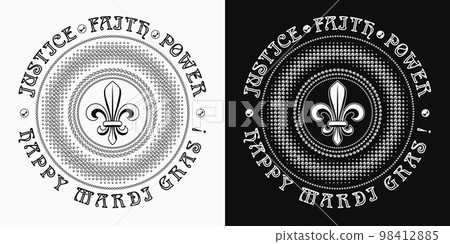Round carnival Mardi Gras black and white pattern with beads, fleur de lis symbol, text Power, Faith, Justice. Halftone style. For prints, clothing, plate, apparel, t shirt, surface design 98412885