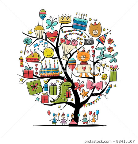 Birthday card design with art tree. Greeting card template. Holiday background. Anniversary postcard ideas 98413107