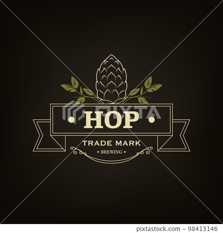 Vector Typography Design with Green Hand Drawn Cartoon Hop and Leaves. Emblem for Logo, Print. Label in Retro, Vintage Style. Hop with Outline 98413146
