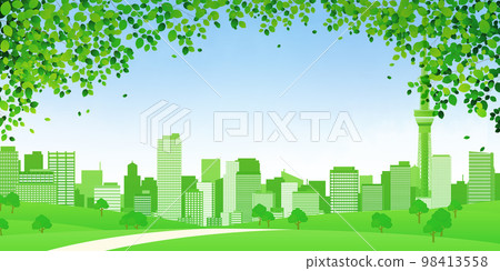清新的綠色摩天大樓大城市背景素材 98413558