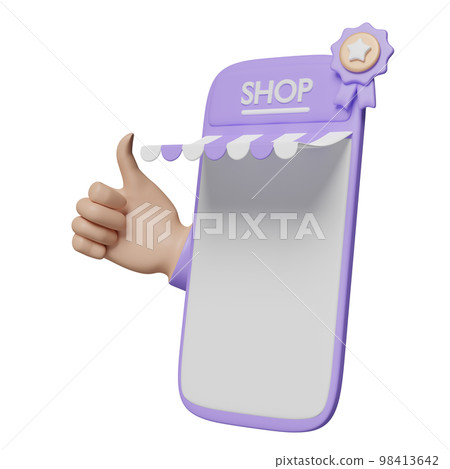3d mobile phone, smartphone with store front, thumbs up, quality guarantee ribbon and star isolated. online shopping certificate, minimal concept, 3d render illustration 3d mobile phone, smartphone with store front, thumbs up, quality guarantee ribbon and star isolated. online shopping certificate, minimal concept, 3d render illustration 98413642