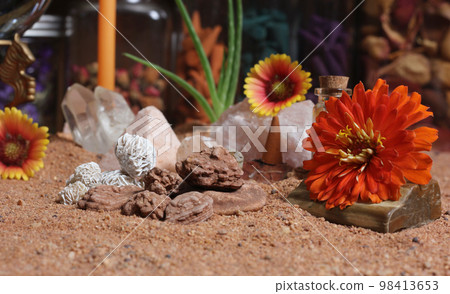 Desert Rose Rocks With Quartz Crystals on Australian Red Sand Desert Rose Rocks With Quartz Crystals on Australian Red Sand 98413653