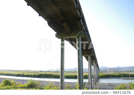 Looking up at Shizuoka Shimada Horai Bridge from the riverbed Looking up at Shizuoka Shimada Horai Bridge from the riverbed 98413876