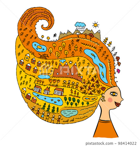 Mother Earth Day concept art. Environmental Protection. Female portrait, Autumn orange season. Vector card for your design Mother Earth Day concept art. Environmental Protection. Female portrait, Autumn orange season. Vector card for your design 98414022