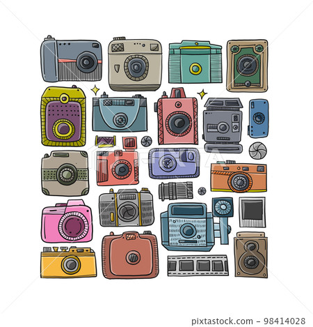 Old fashioned vintage photocamera. Retro and new collection for your design. Icons set. Square frame background. Vector illustration 98414028