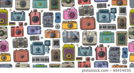 Old fashioned vintage photocamera. Retro and new collection for your design. Seamless pattern background. Vector illustration Old fashioned vintage photocamera. Retro and new collection for your design. Seamless pattern background. Vector illustration 98414030