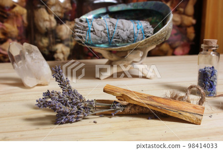 Dried Lavender With Palo Santo Wood and Abalone Shell For Smudging Ritual Dried Lavender With Palo Santo Wood and Abalone Shell For Smudging Ritual 98414033