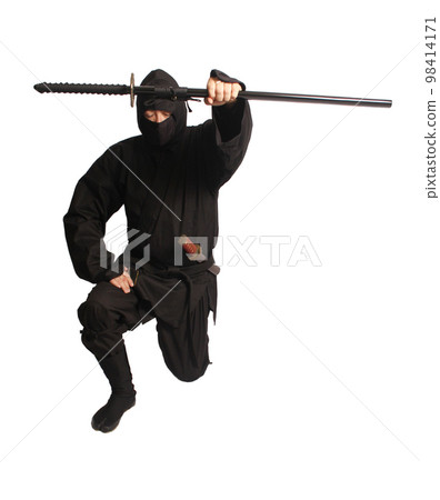 Asian Man Wearing Ninja Martial Arts Uniform 98414171