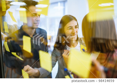 Young business people discussing and planning strategy Front of glass wall marker and stickers. 98414659