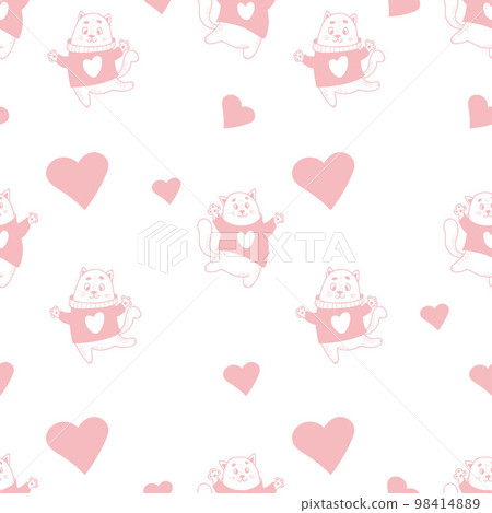 feline seamless pattern. Cute enamored cats with hearts on white background. Vector illustration in doodle style. Endless background for valentines, wallpapers, packaging, print. feline seamless pattern. Cute enamored cats with hearts on white background. Vector illustration in doodle style. Endless background for valentines, wallpapers, packaging, print. 98414889