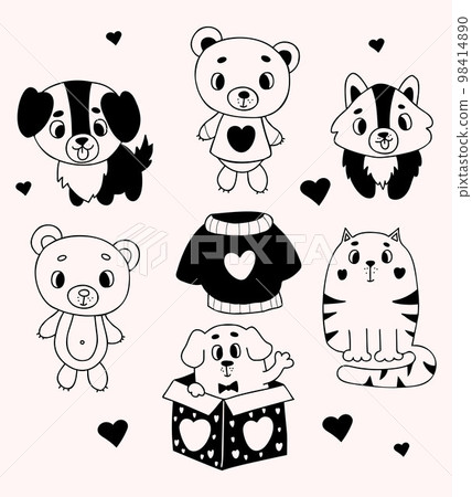 Collection romantic animals. Cute puppies, dog in box, cat and bear. Vector illustration. Isolated doodle for design and decor of valentines, love postcard, printing Collection romantic animals. Cute puppies, dog in box, cat and bear. Vector illustration. Isolated doodle for design and decor of valentines, love postcard, printing 98414890