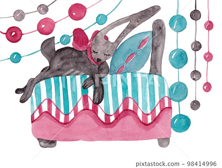 The black rabbit sleeps on a prepared bed surrounded by garlands. Christmas composition. Isolated watercolor illustration for your design. Perfect for Advent calendars and holiday decor 98414996