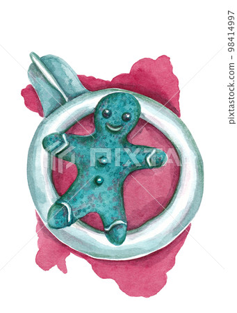 Gingerbread in the form of a green man and a hot drink in a mug. Isolated watercolor illustration for your design. Perfect for greeting cards, menus and breakfast decor 98414997